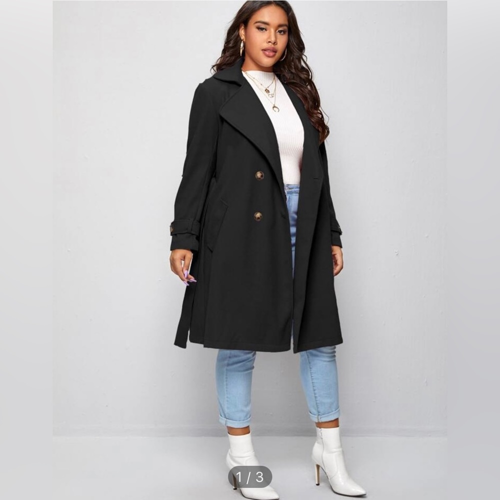 Shein Plus Lapel Collar Double Breasted Self Tie Overcoat
